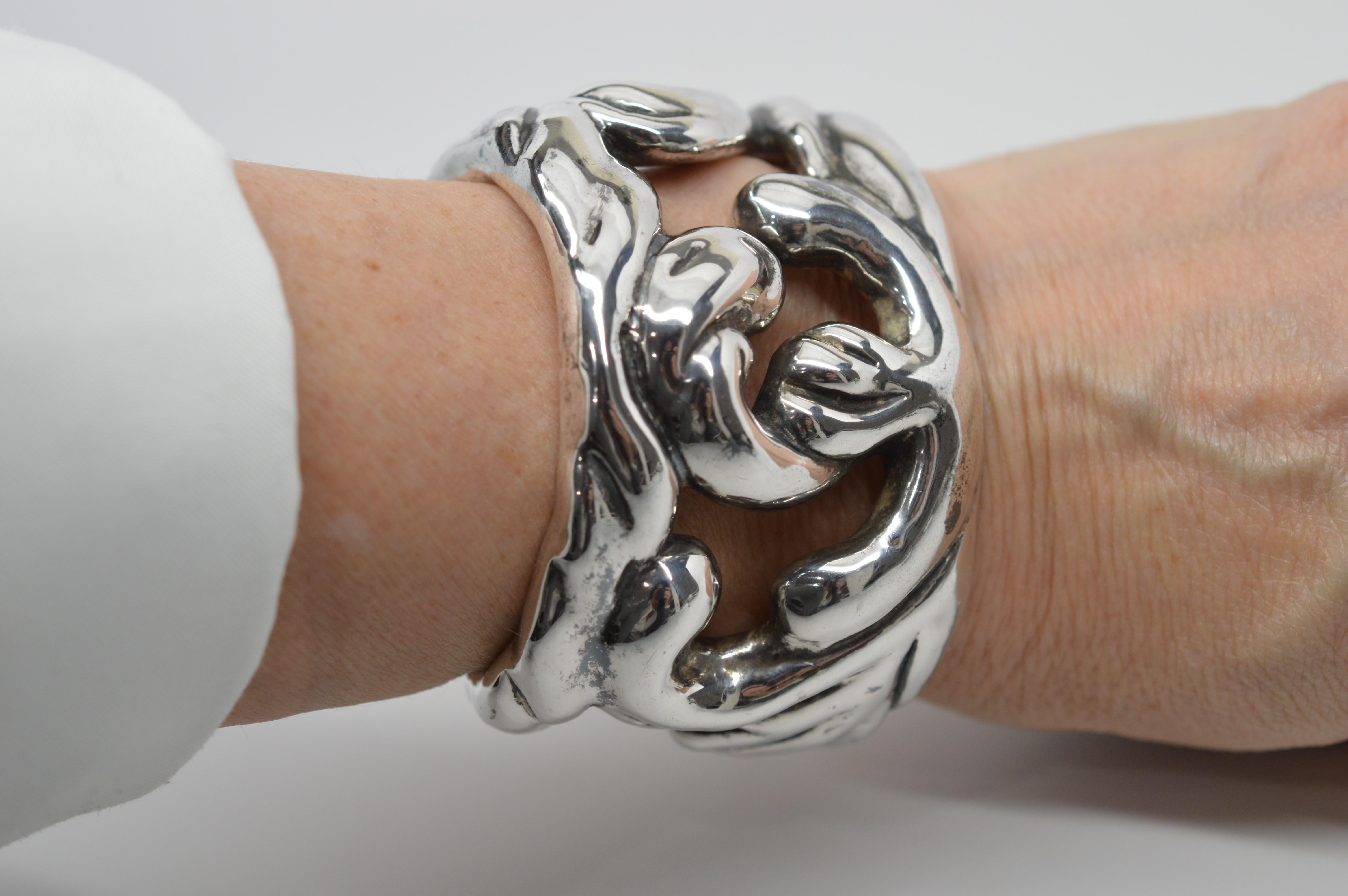 Sterling Silver Abstract Boho Cuff Bracelet For Sale 2