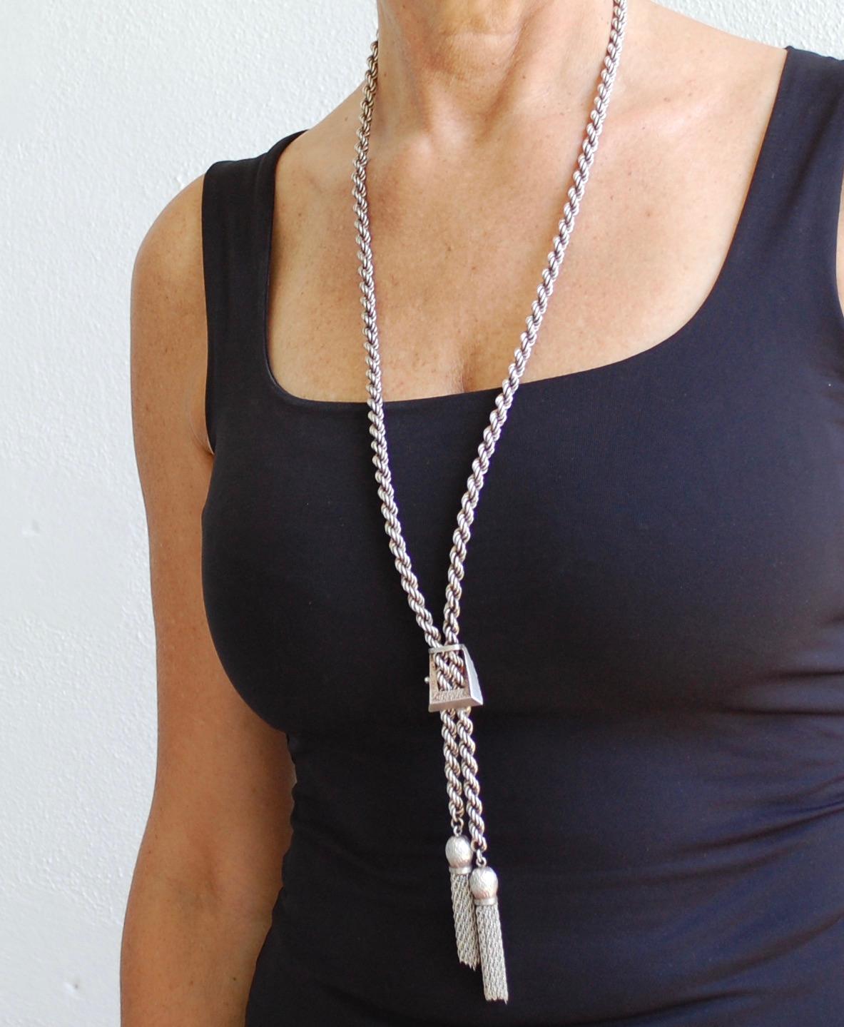 Modern  Long Rope Necklace Sterling Silver  For Sale