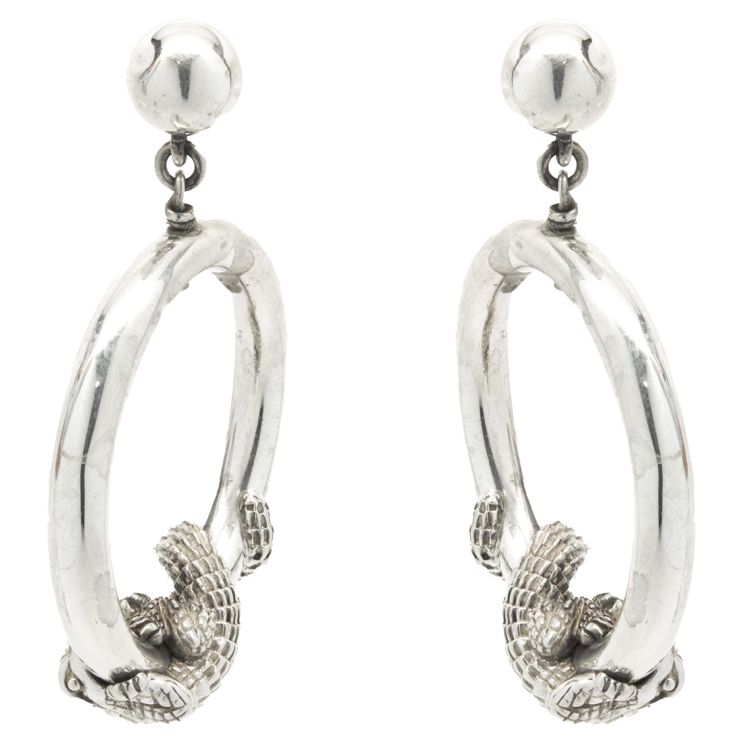 Sterling Silver Alligator Circle Drop Earrings For Sale