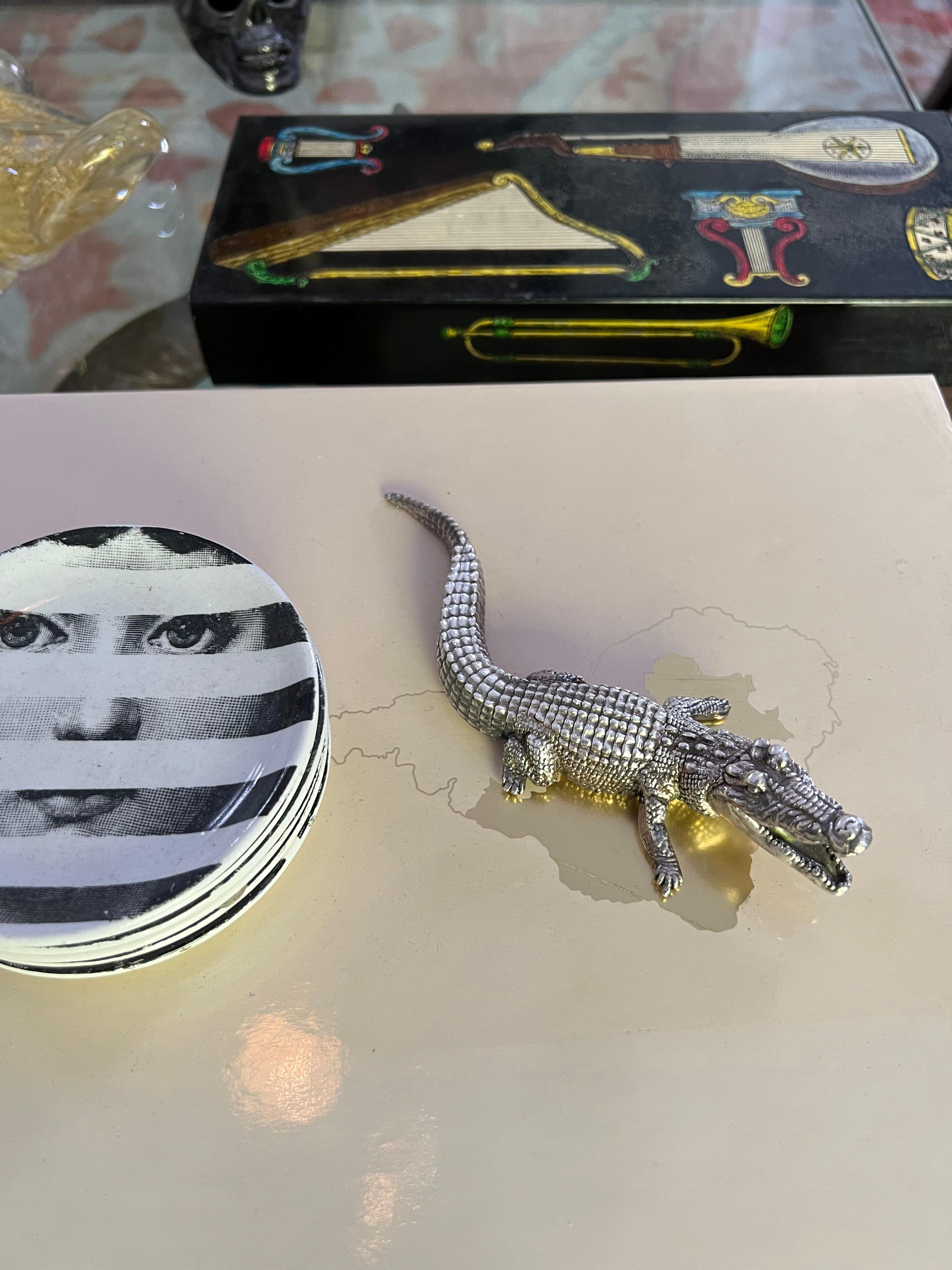 Sterling Silver Alligator Paperweight Sculpture In Good Condition In Los Angeles, CA