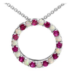 Sterling Silver Alternating Created Red Ruby and Opal Circle Pendant Necklace