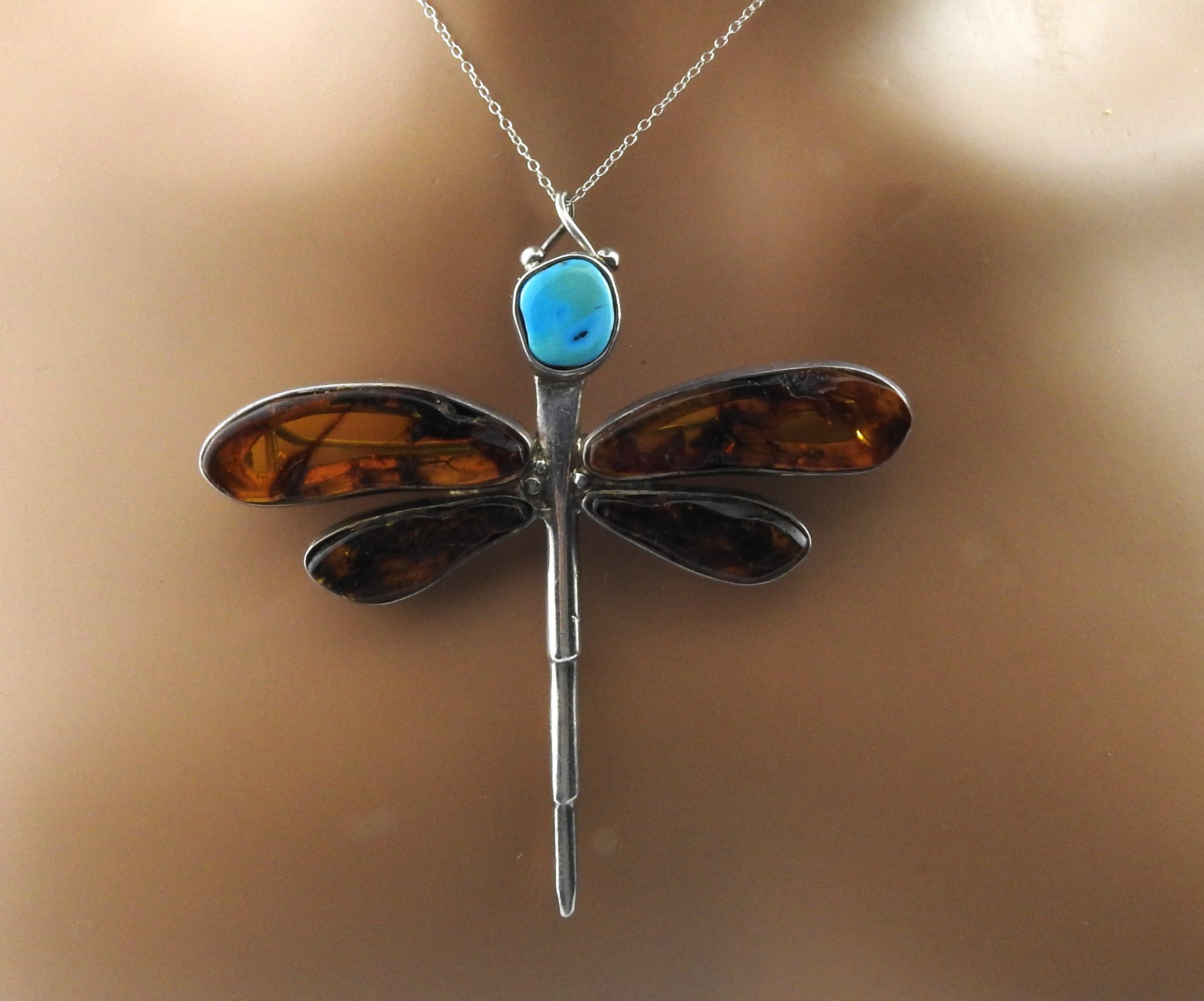 Sterling Silver Amber and Turquoise Dragonfly Pendant Pin 5