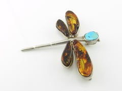 Sterling Silver Amber and Turquoise Dragonfly Pendant Pin