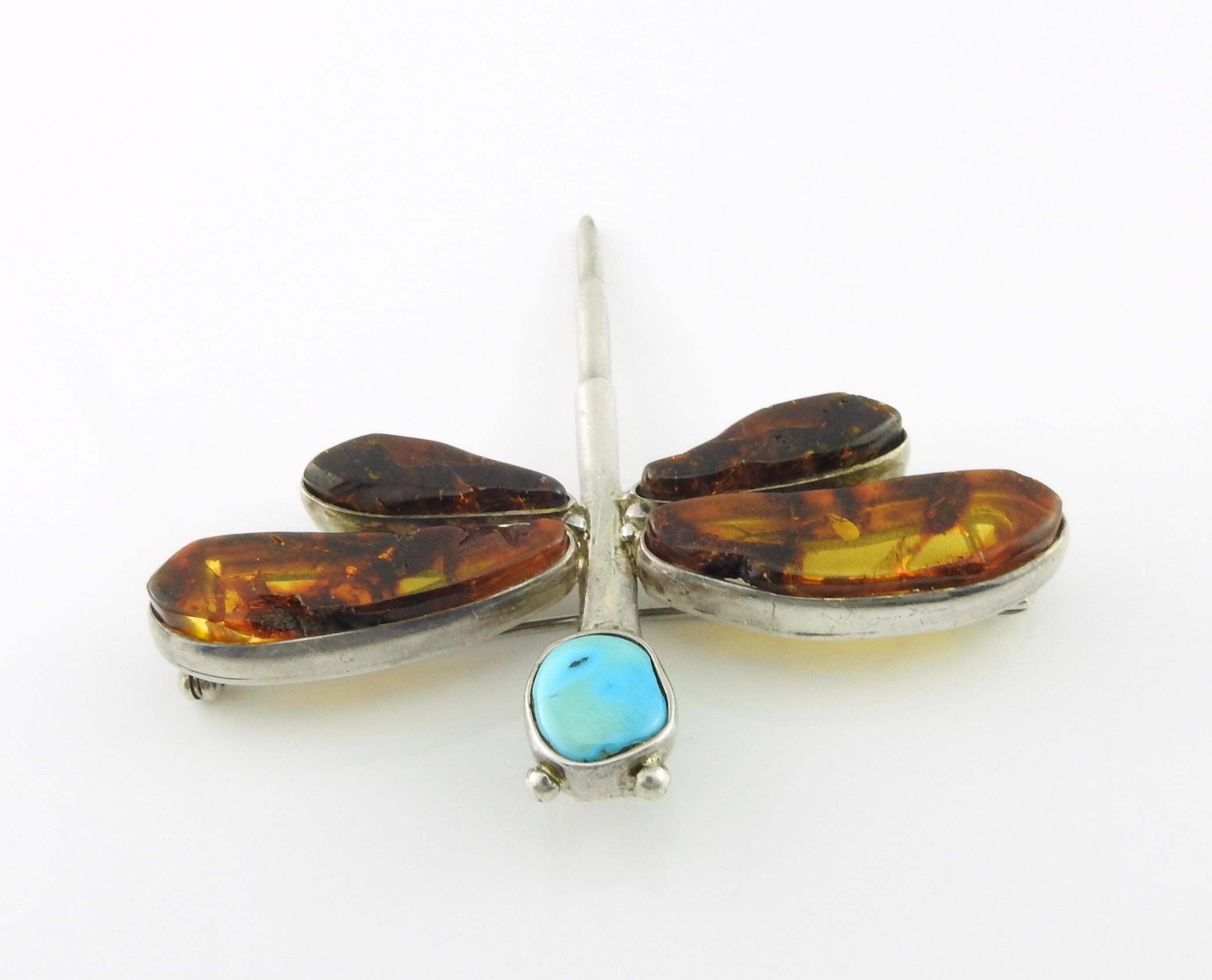 Cabochon Sterling Silver Amber and Turquoise Dragonfly Pendant Pin