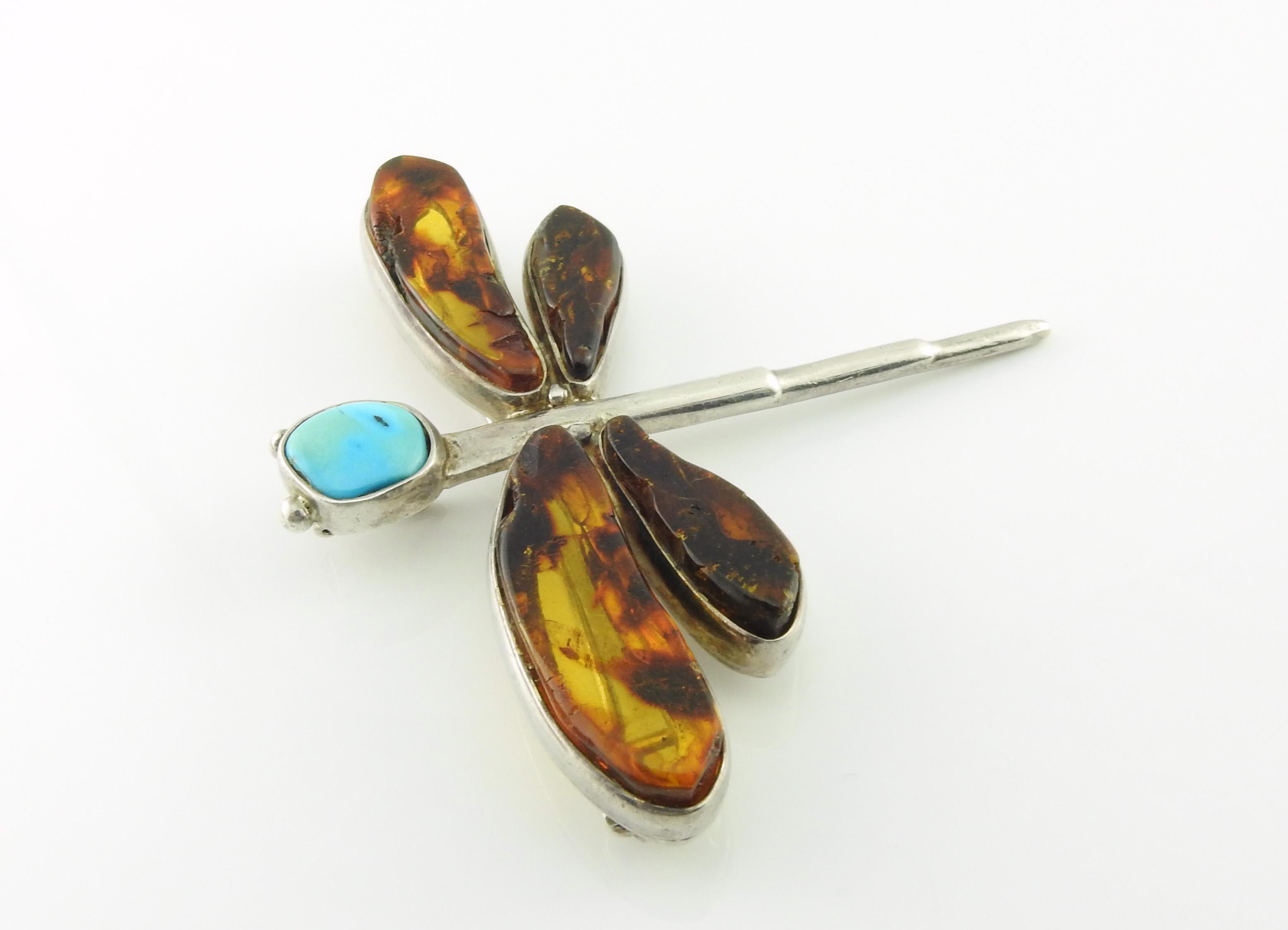 Sterling Silver Amber and Turquoise Dragonfly Pendant Pin In Good Condition In Washington Depot, CT