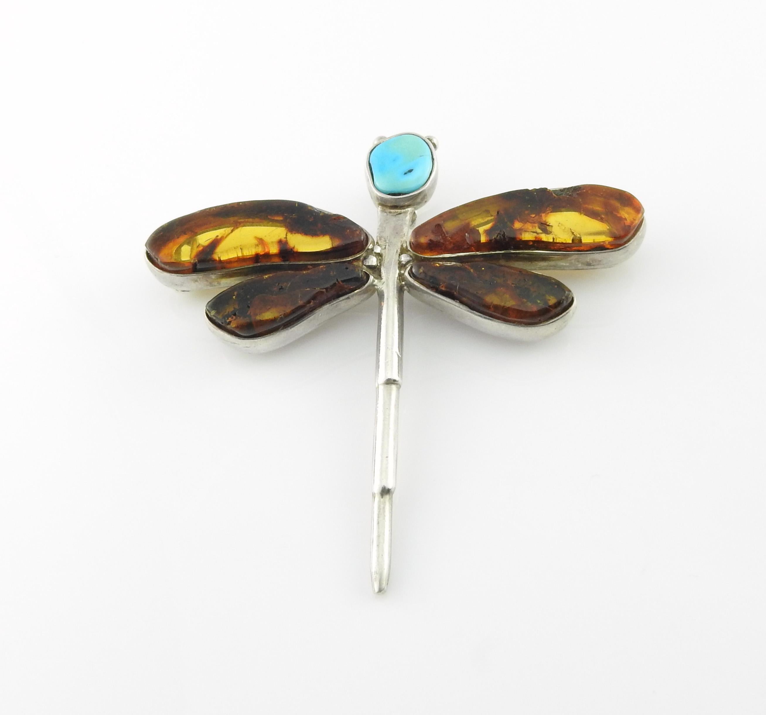 Women's or Men's Sterling Silver Amber and Turquoise Dragonfly Pendant Pin