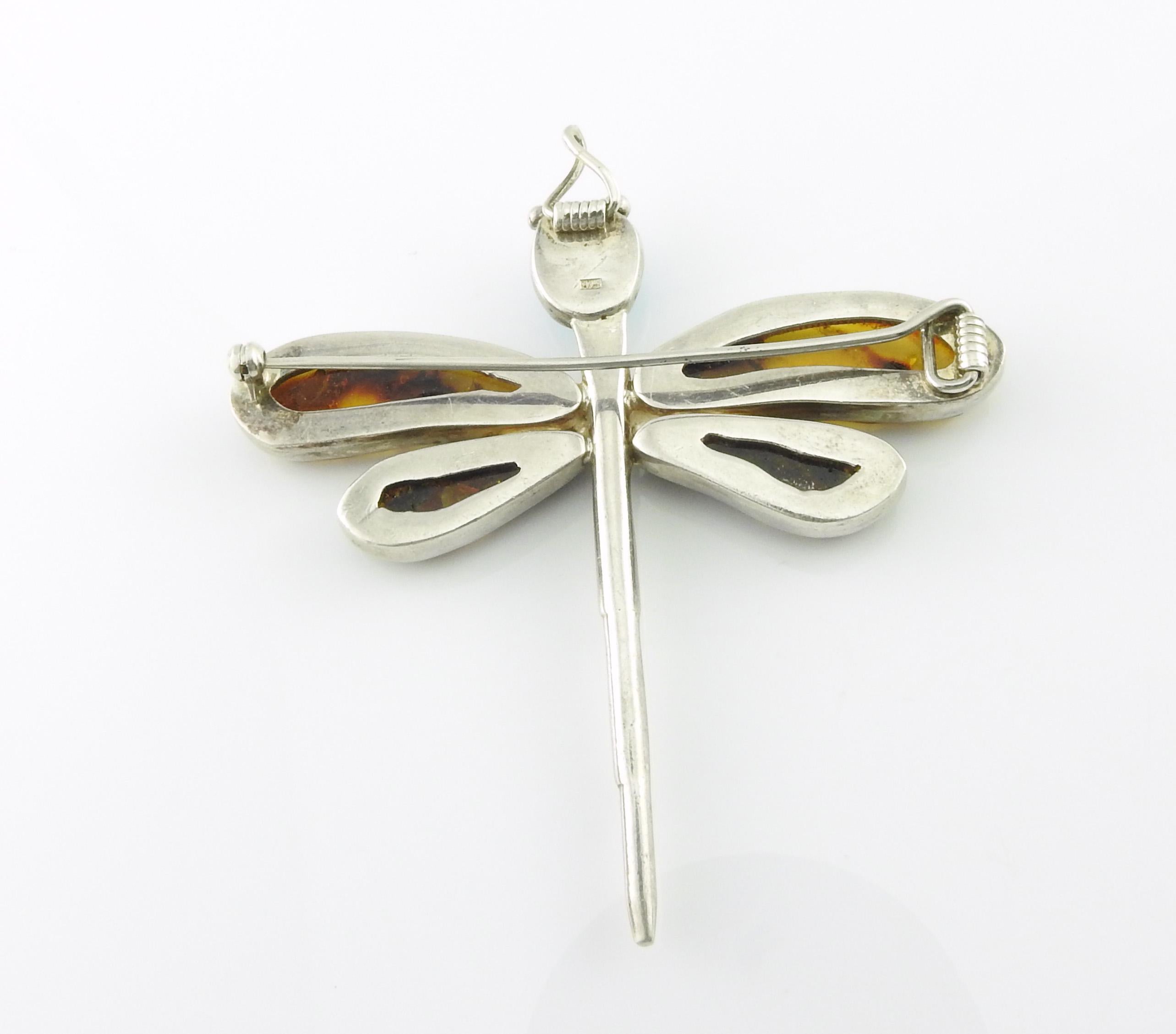 Sterling Silver Amber and Turquoise Dragonfly Pendant Pin 1
