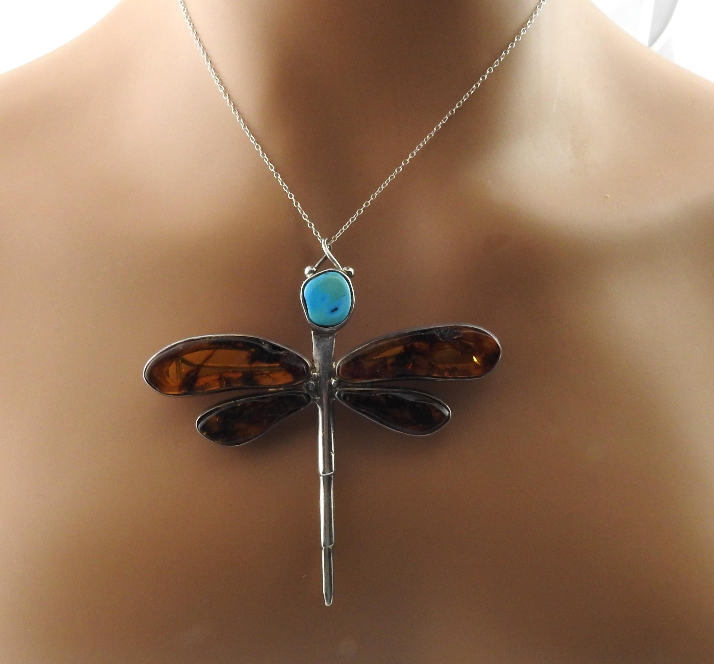 Sterling Silver Amber and Turquoise Dragonfly Pendant Pin 4