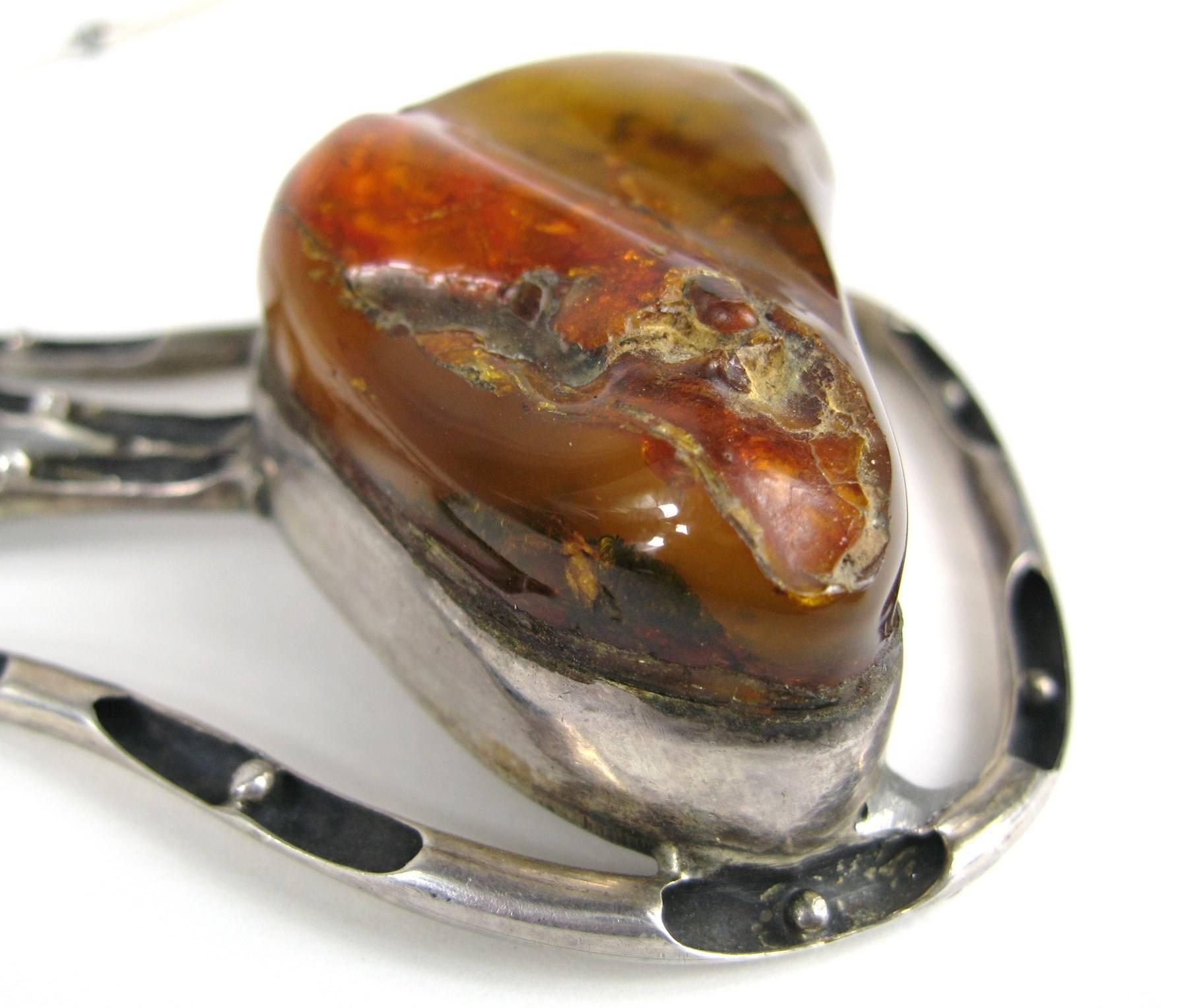 Rough Cut Sterling Silver Amber Artisan Necklace  For Sale