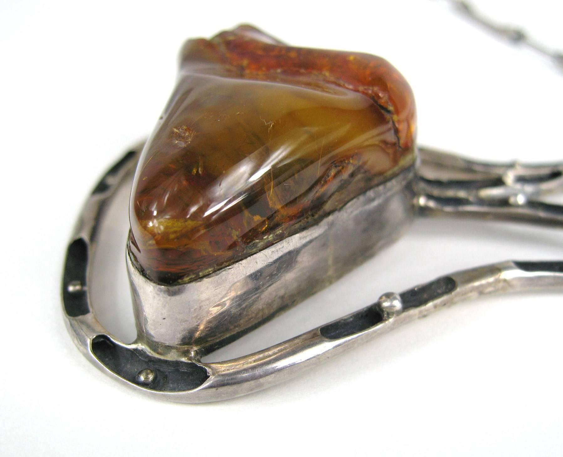 Sterling Silver Amber Artisan Necklace  In Good Condition For Sale In Wallkill, NY