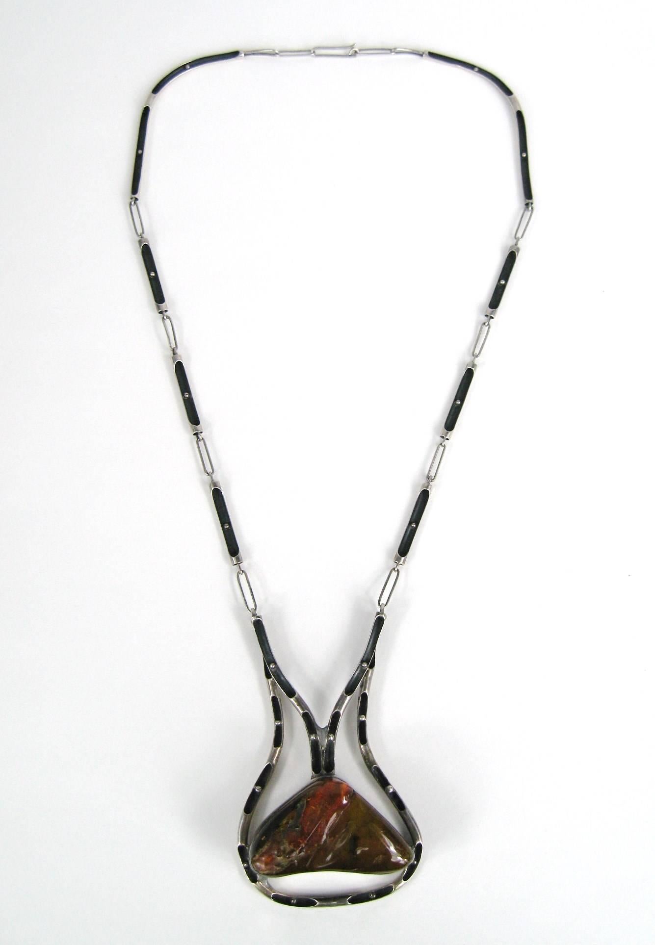Kunsthandwerkliche Halskette aus Sterlingsilber mit Bernstein  im Angebot 1