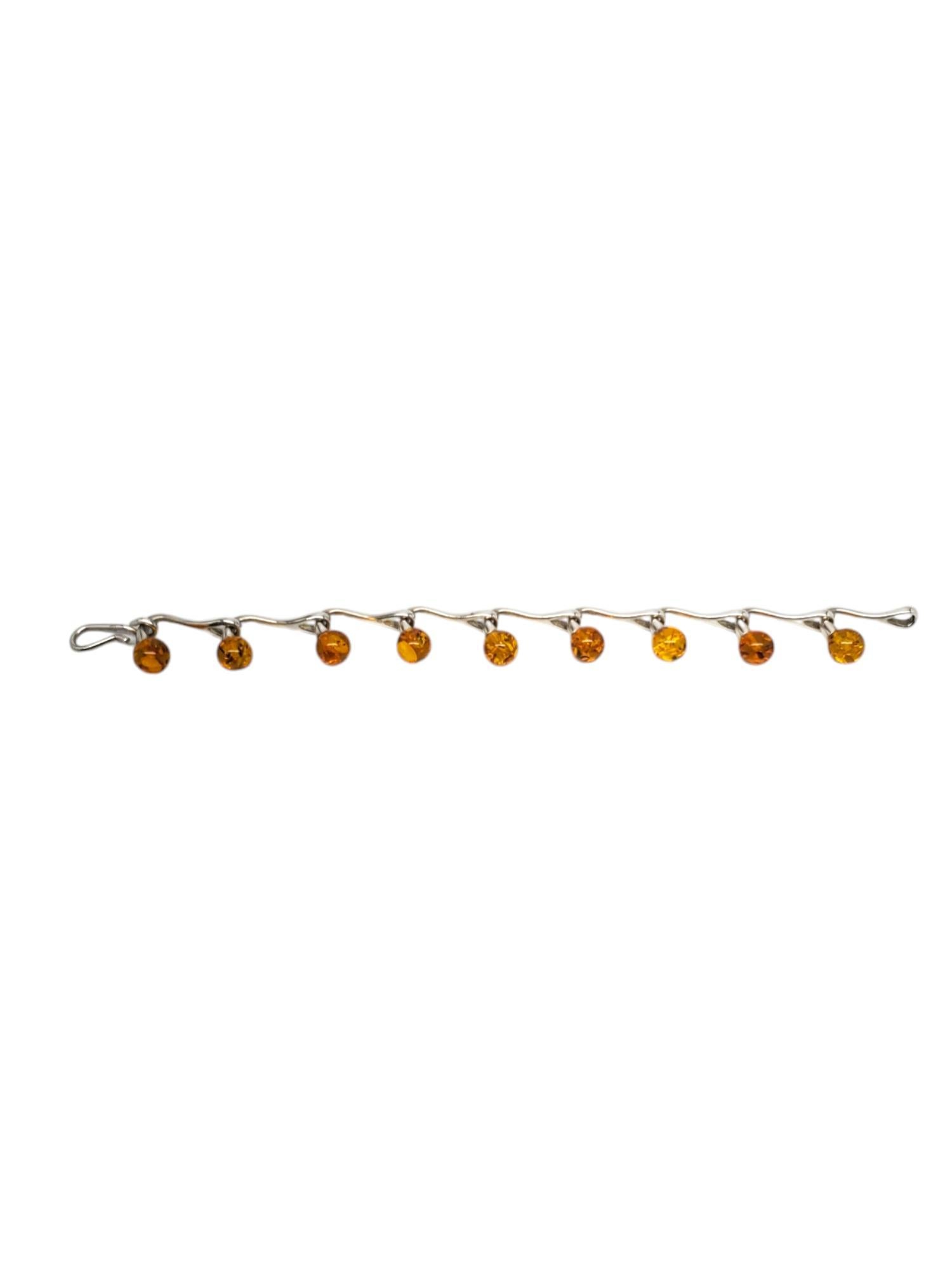 Round Cut Sterling Silver Amber Beads Link Bracelet #20643 For Sale