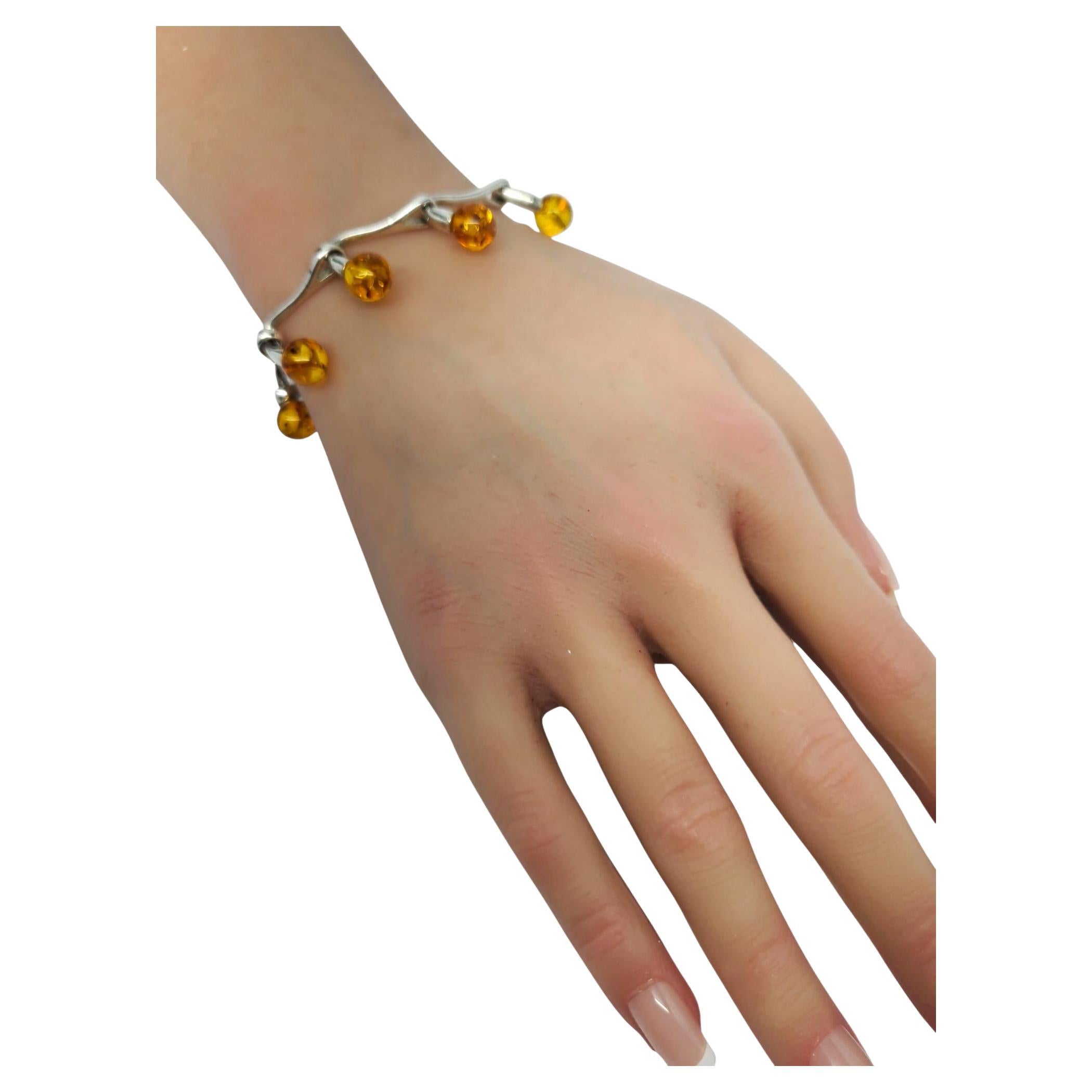Sterling Silver Amber Beads Link Bracelet #20643