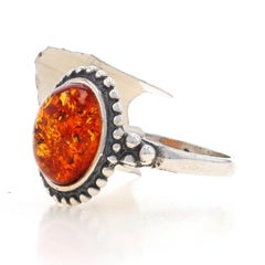 Sterling Silver Amber Cocktail Solitaire Ring - 925 Oval Cabochon