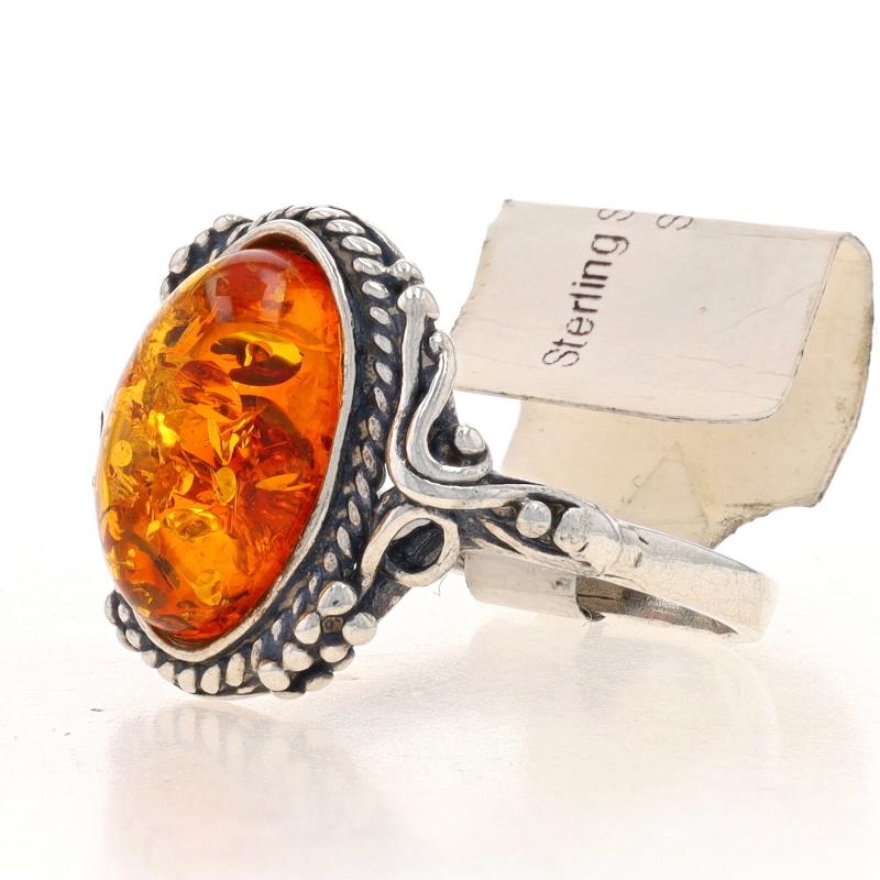 Sterling Silver Amber Cocktail Solitaire Ring - 925 Oval Cabochon In Excellent Condition In Greensboro, NC