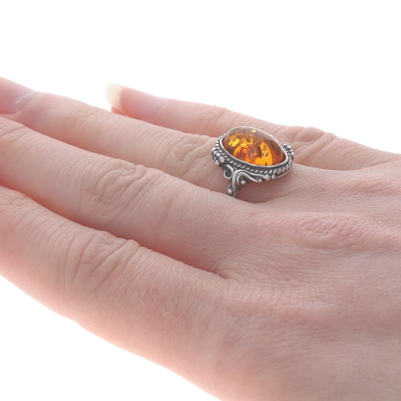 Women's Sterling Silver Amber Cocktail Solitaire Ring - 925 Oval Cabochon
