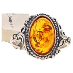 Sterling Silver Amber Cocktail Solitaire Ring - 925 Oval Cabochon