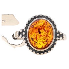 Sterling Silver Amber Cocktail Solitaire Ring - 925 Oval Cabochon