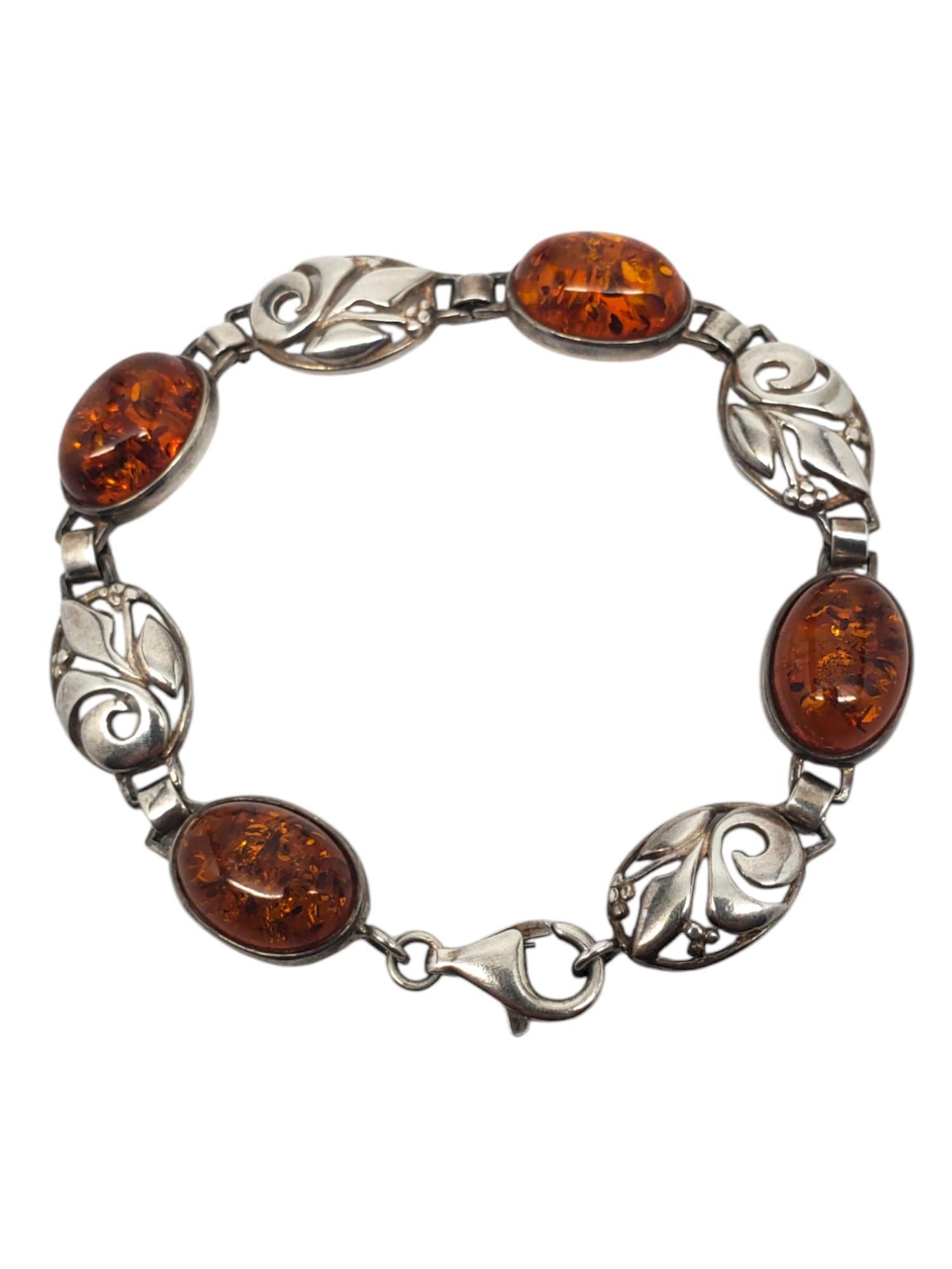Oval Cut Sterling Silver Amber Filigree Link Bracelet #20851 For Sale