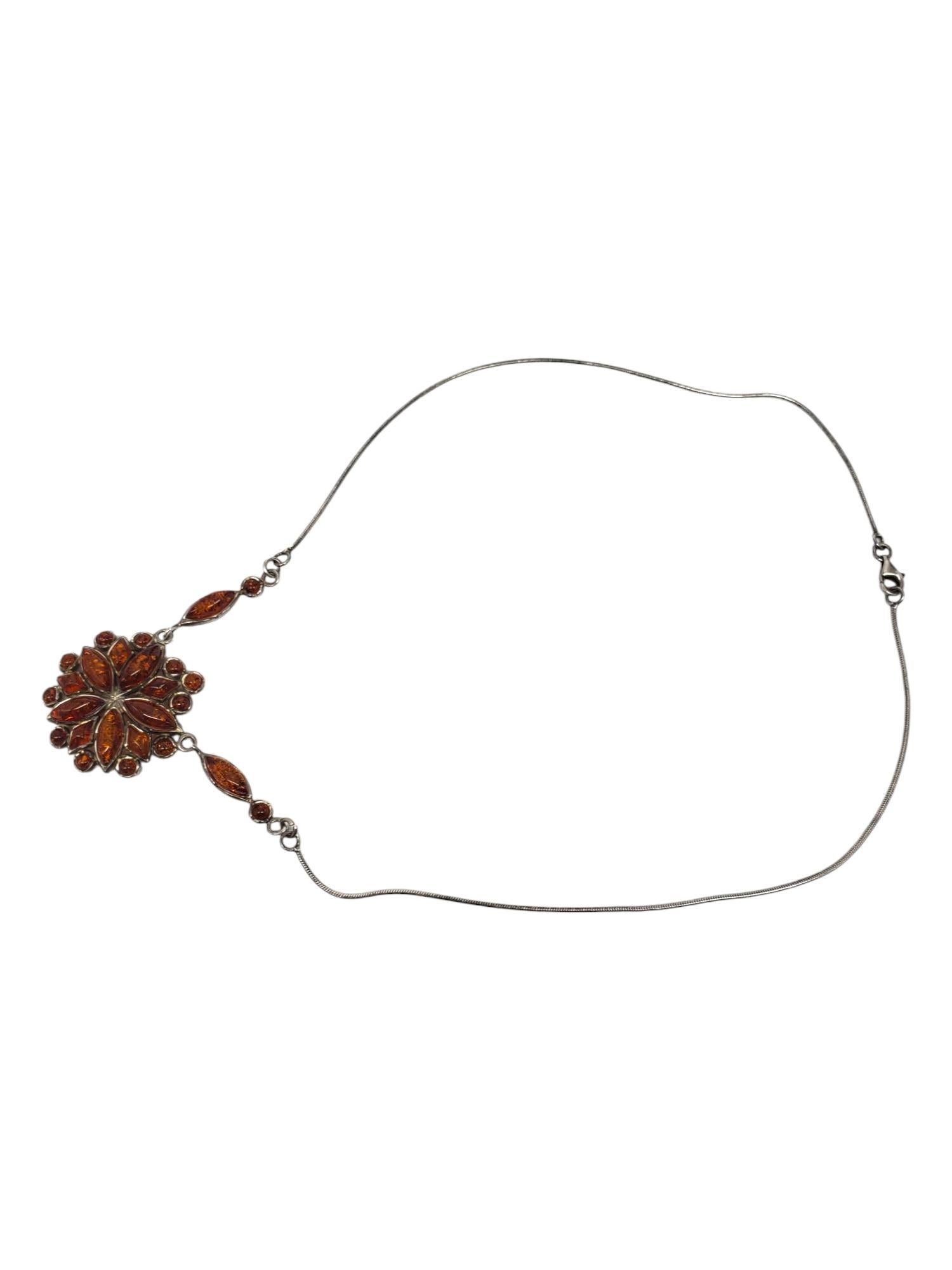 Cabochon Sterling Silver Amber Floral Pendant Necklace #21218 For Sale