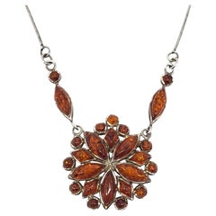 Sterling Silver Amber Floral Pendant Necklace #21218