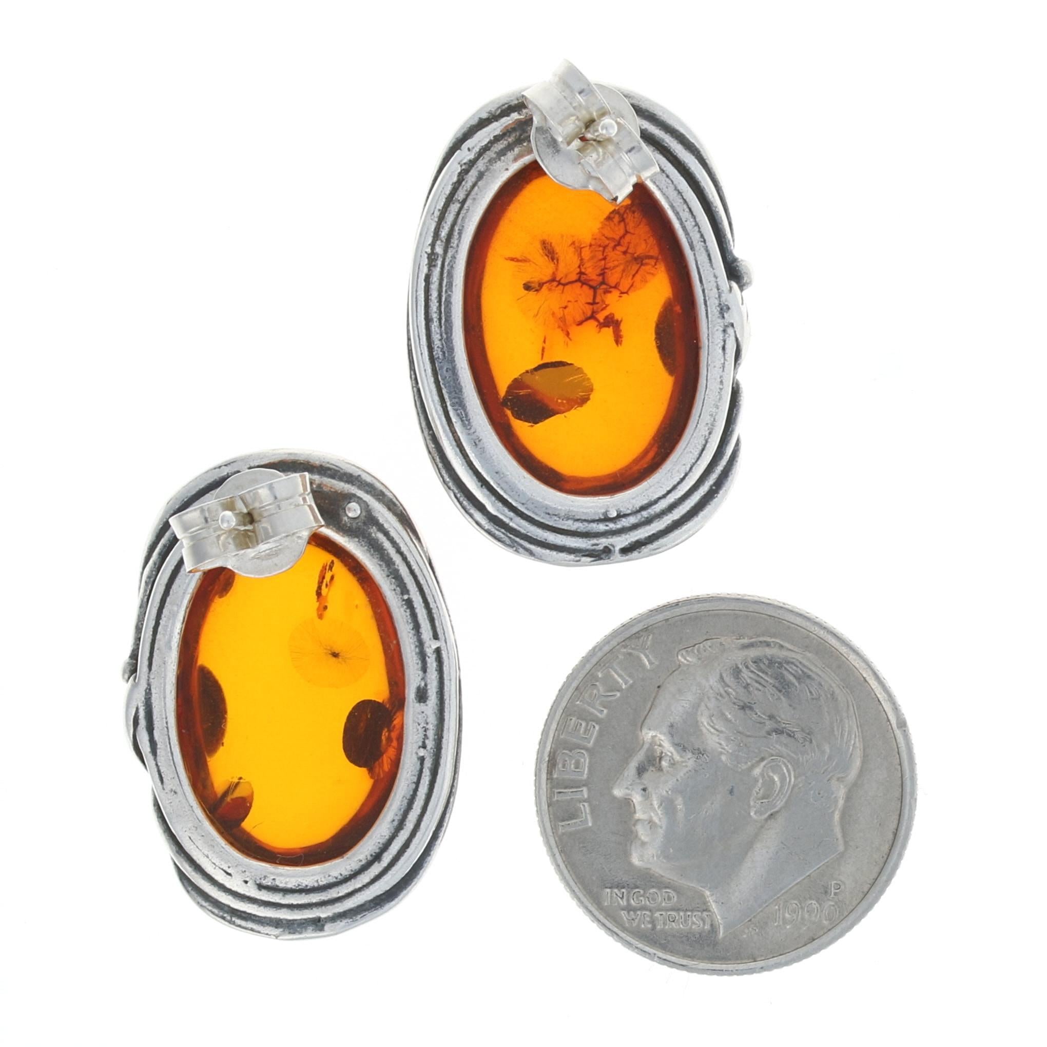Sterling Silver Amber Leaf Large Stud Earrings, 925 Oval Cabochon Cut Pierced In Excellent Condition In Greensboro, NC
