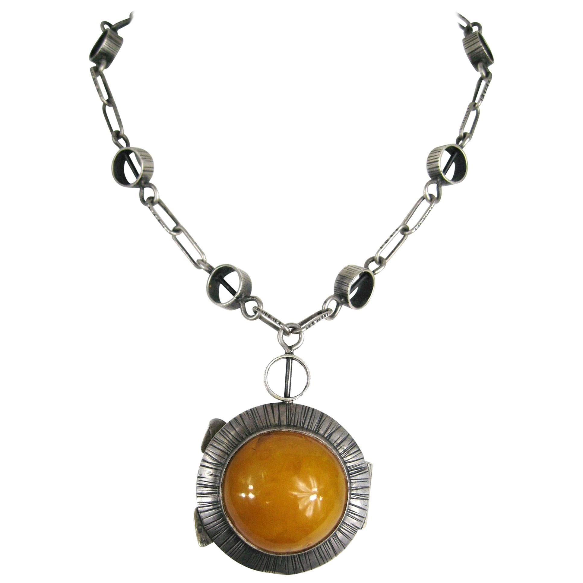  Sterling Silver Amber Locket Pendant Necklace 