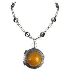 Vintage  Sterling Silver Amber Locket Pendant Necklace 