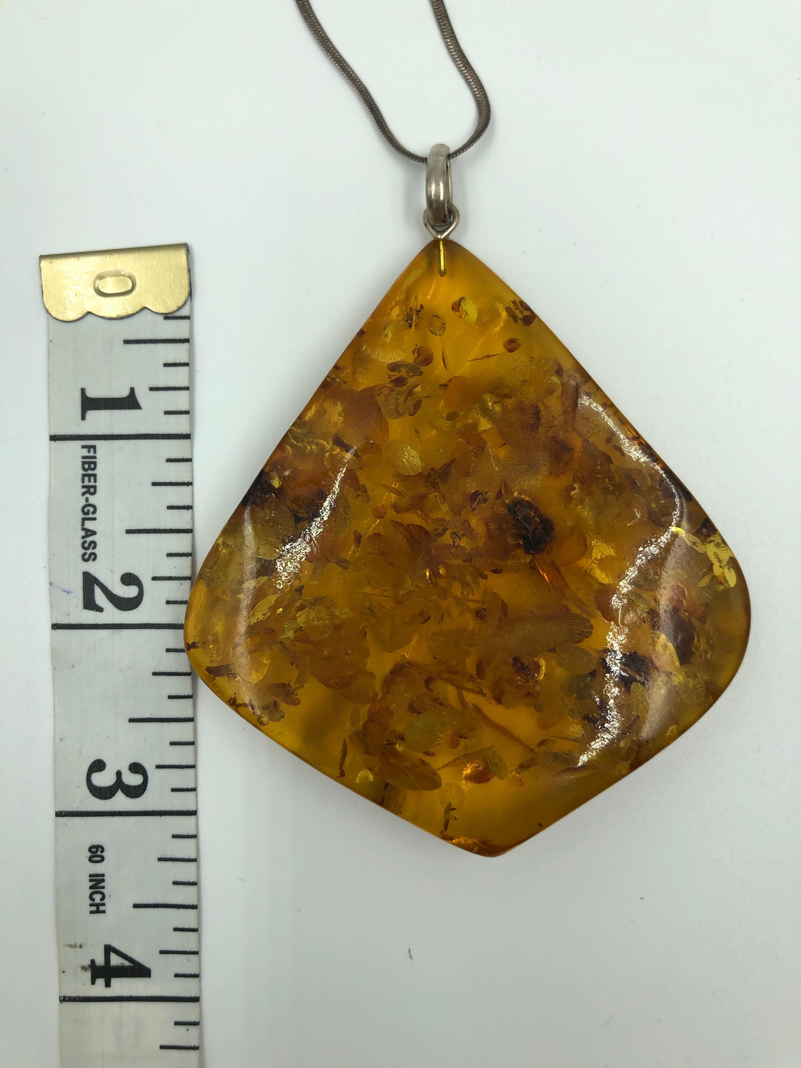 Women's or Men's Sterling Silver Amber Stone Necklace For Sale