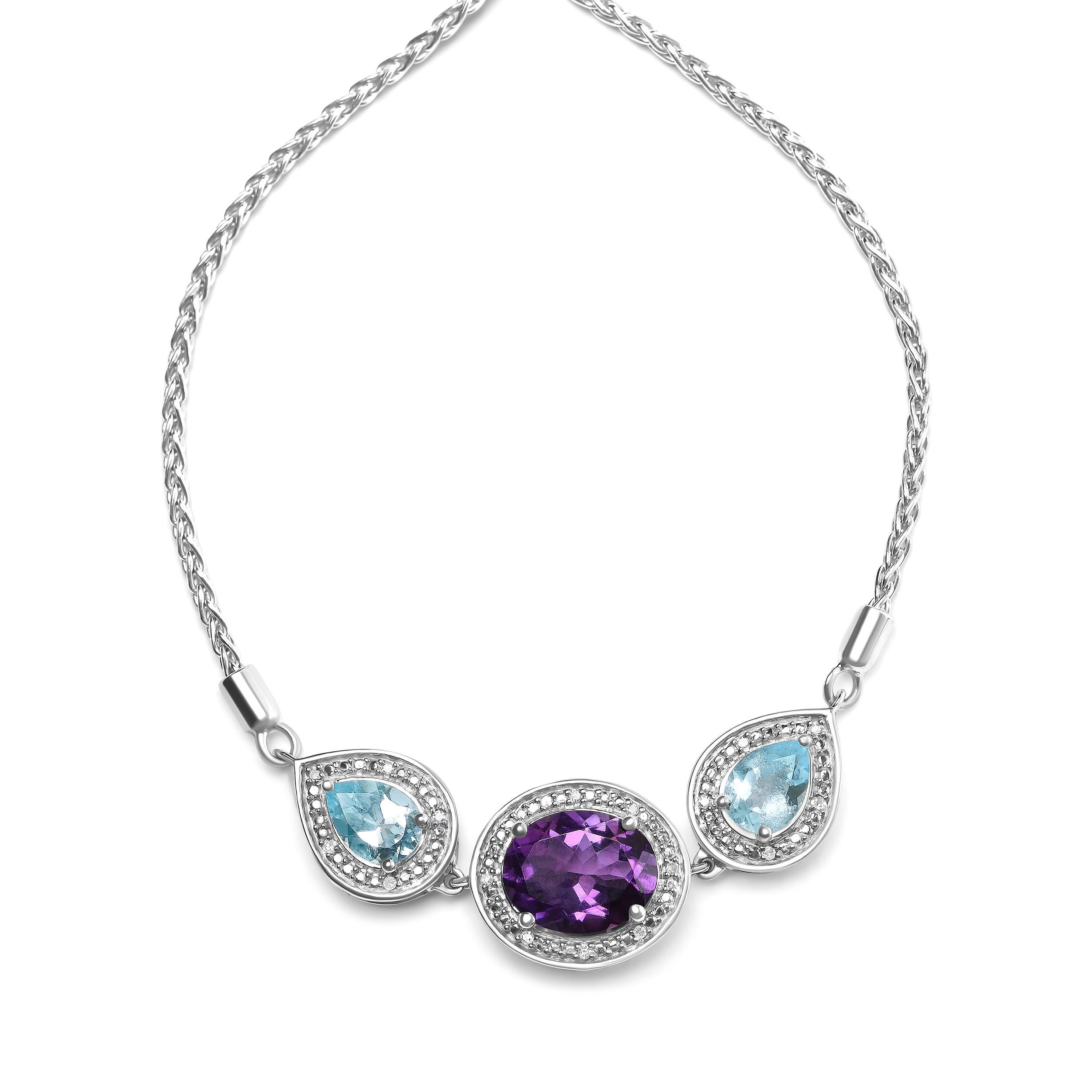 Modern Sterling Silver Amethyst and Blue Topaz with Diamond Accent Adjustable Bracelet For Sale