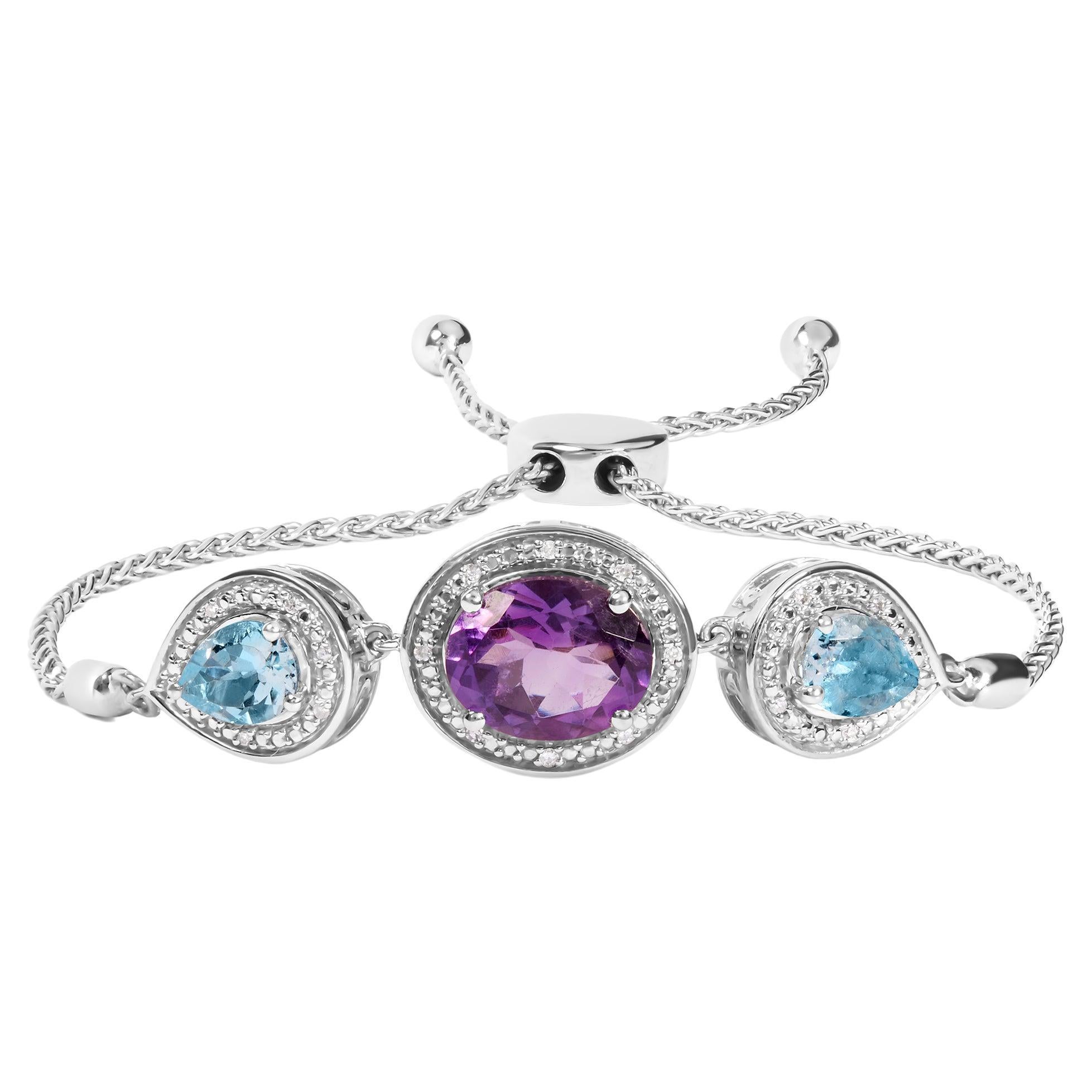 Sterling Silver Amethyst and Blue Topaz with Diamond Accent Adjustable Bracelet For Sale