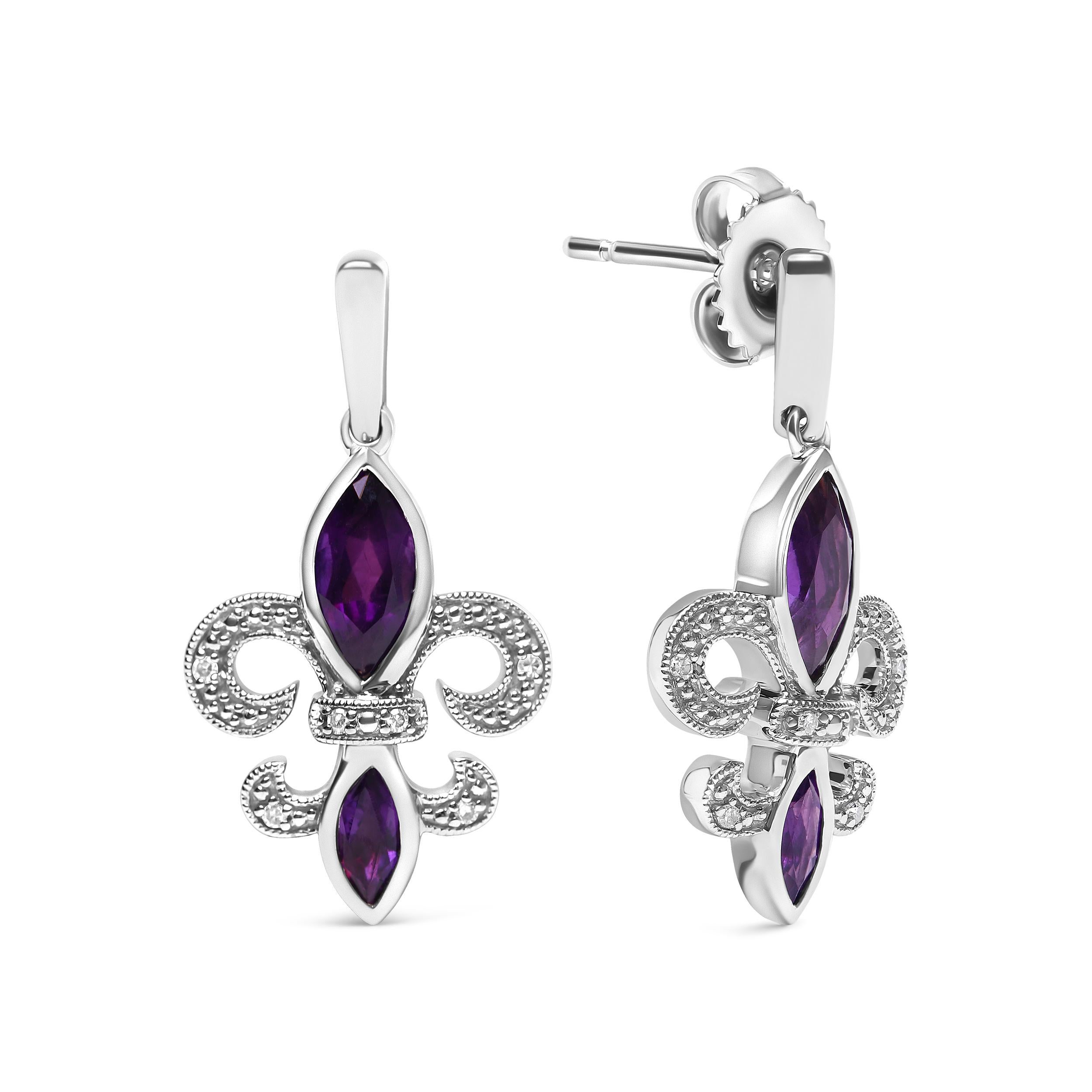 Indulge in the luxurious beauty of these .925 sterling silver amethyst and diamond fleur de lis dangle stud earrings. The unique design, featuring four natural heat-treated purple amethysts, is guaranteed to turn heads and make a statement. The