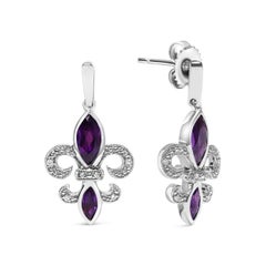 Boucles d'oreilles pendantes Fleur de Lis en argent sterling avec améthyste et diamants