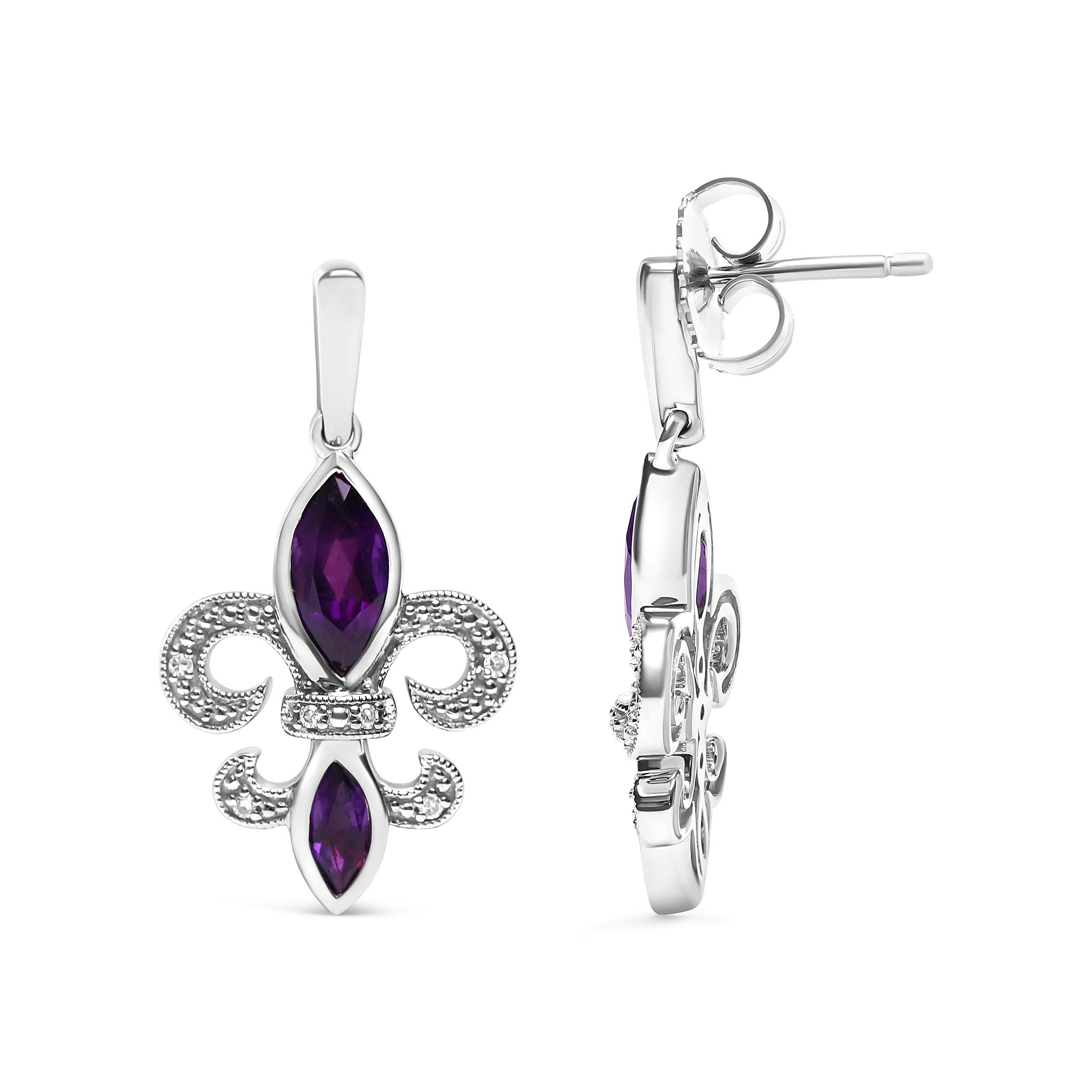 Modern Sterling Silver Amethyst and Diamond Accent Fleur De Lis Dangle Stud Earrings For Sale