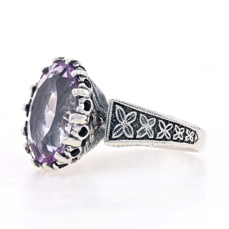 Sterling Silver Amethyst Cocktail Solitaire Ring 925 Oval 6.50ct Floral Milgrain In Excellent Condition For Sale In Greensboro, NC