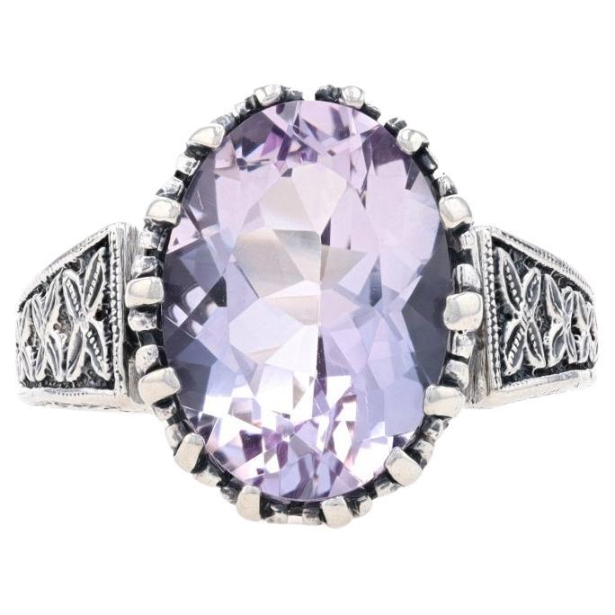 Sterling Silver Amethyst Cocktail Solitaire Ring 925 Oval 6.50ct Floral Milgrain For Sale