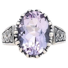 Sterling Silver Amethyst Cocktail Solitaire Ring 925 Oval 6.50ct Floral Milgrain