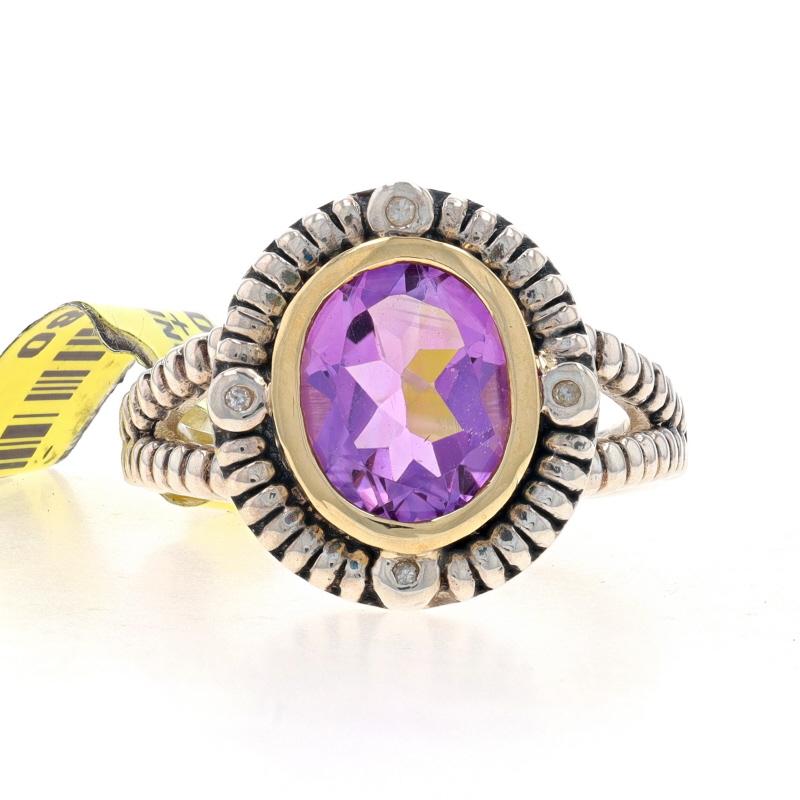Size: 7

Metal Content: Sterling Silver & 14k Yellow Gold

Stone Information
Natural Amethyst
Carat(s): 2.40ct
Cut: Oval
Color: Purple

Natural Diamonds
Cut: Single
Stone Note: (four small accents)

Total Carats: 2.40ct

Style: Solitaire with