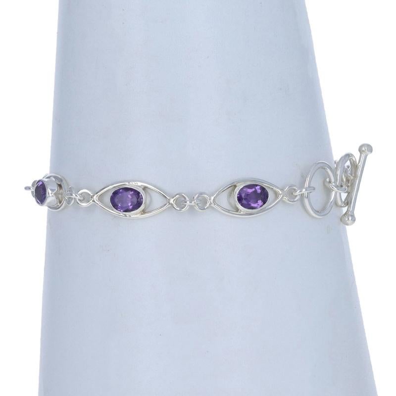 Sterling Silver Amethyst Link Bracelet - 925 Oval 5.10ctw Adjustable In Excellent Condition For Sale In Greensboro, NC