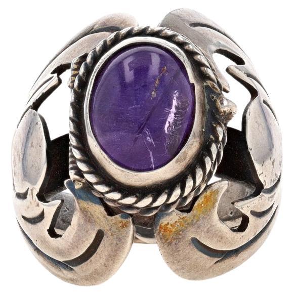Anillo solitario de amatista mexicana de plata de ley - Cabujón oval 925