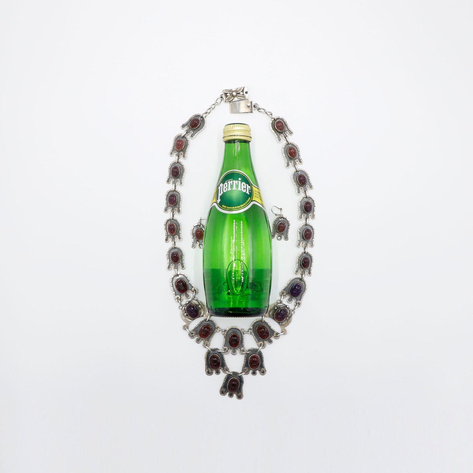 Collar de amatista mexicana de plata de ley Conjunto de pendientes firmado AP Mexicano en venta