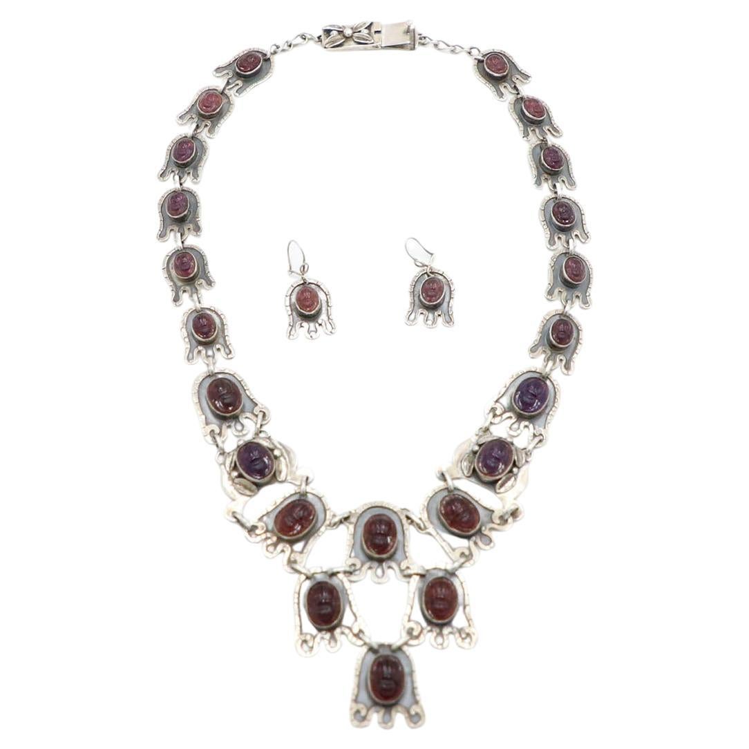 Sterling Silver Amethyst Mexican Vintage Necklace Earrings Set signed AP