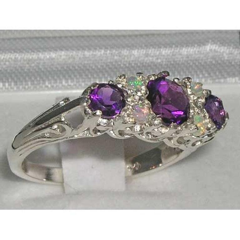 For Sale:  Sterling Silver Amethyst & Opal Victorian Filigree Trilogy Promise Customizable 3