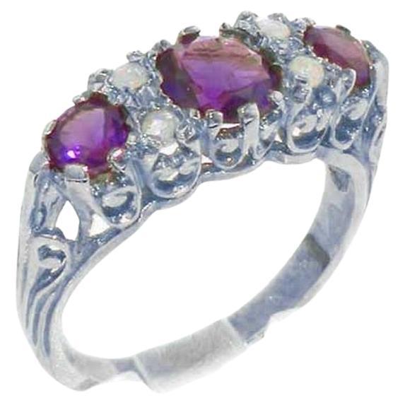 For Sale:  Sterling Silver Amethyst & Opal Victorian Filigree Trilogy Promise Customizable
