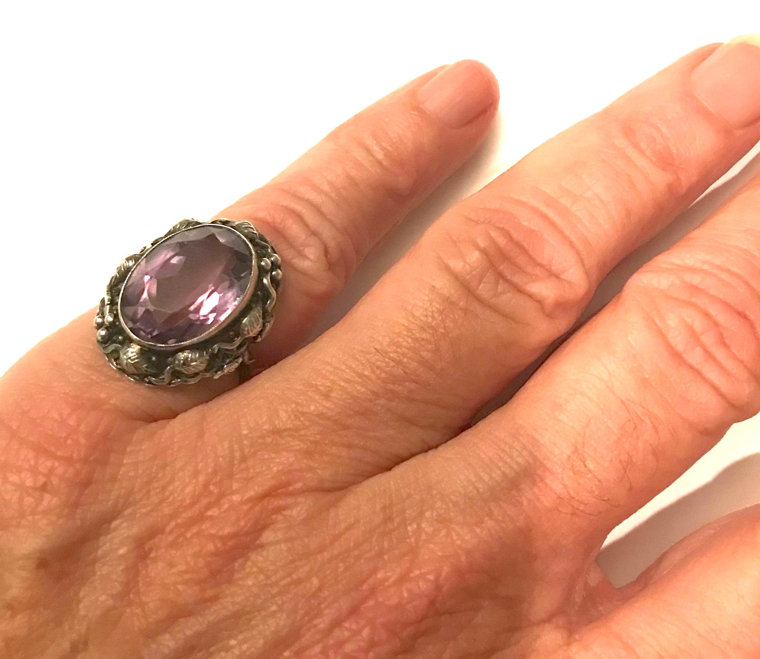 Women's or Men's Sterling Silver Amethyst Ring, Arts & Crafts, circa 1900