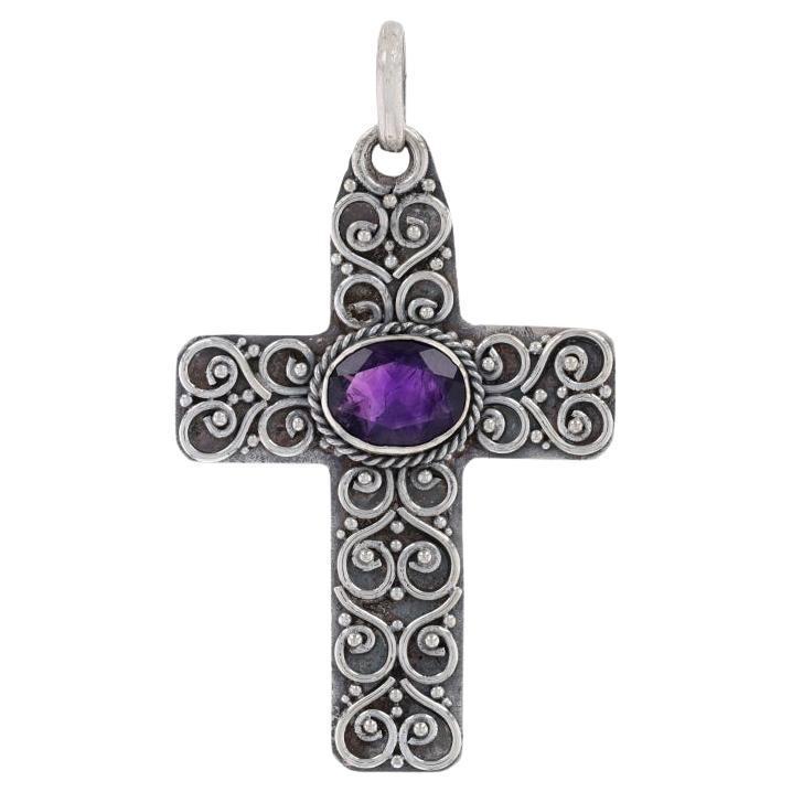 Sterling Silver Amethyst Scrollwork Cross Pendant - 925 Oval 2.40ct Faith For Sale