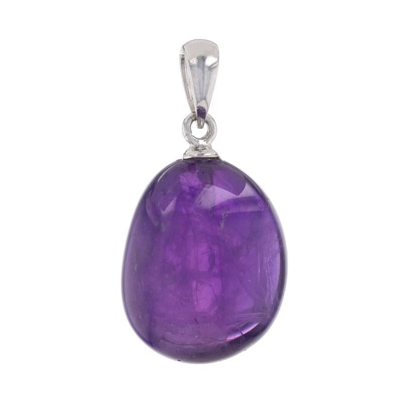 Metal Content: Sterling Silver

Stone Information
Natural Amethyst
Cut: Tumbled
Color: Purple

Style: Solitaire

Measurements
Tall (from stationary bail): 13/16