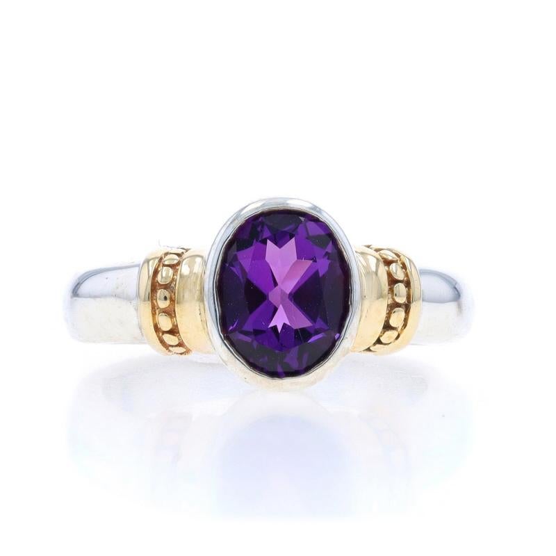 Sterling Silver Amethyst Solitaire Ring - 925 & 14k Yellow Gold Oval 1.45ct