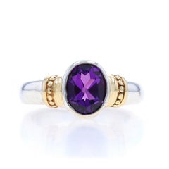 Sterling Silver Amethyst Solitaire Ring - 925 & 14k Yellow Gold Oval 1.45ct