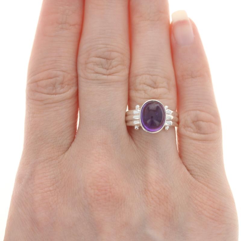 Oval Cut Sterling Silver Amethyst Solitaire Ring - 925 Oval Cabochon 2.40ct Size 6 3/4 For Sale